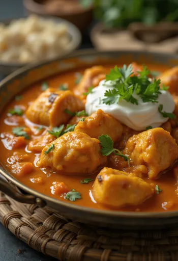Κοτόπουλο tikka masala σε κρεμώδη σάλτσα ντομάτας, διακοσμημένο με φρέσκο κόλιανδρο