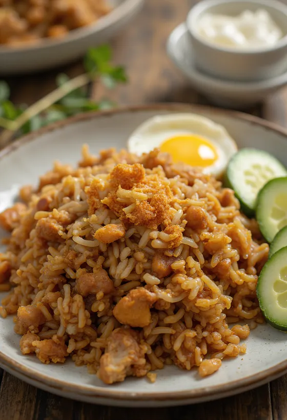 Nasi Goreng σερβιρισμένο με φρέσκο αγγούρι και κόλιανδρο