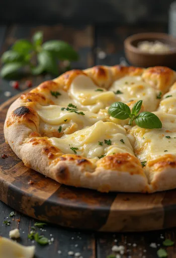Pizza ai Formaggi σερβιρισμένη με διάφορα τυριά και φρέσκο βασιλικό