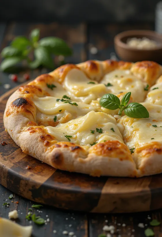 Pizza ai Formaggi σερβιρισμένη με διάφορα τυριά και φρέσκο βασιλικό