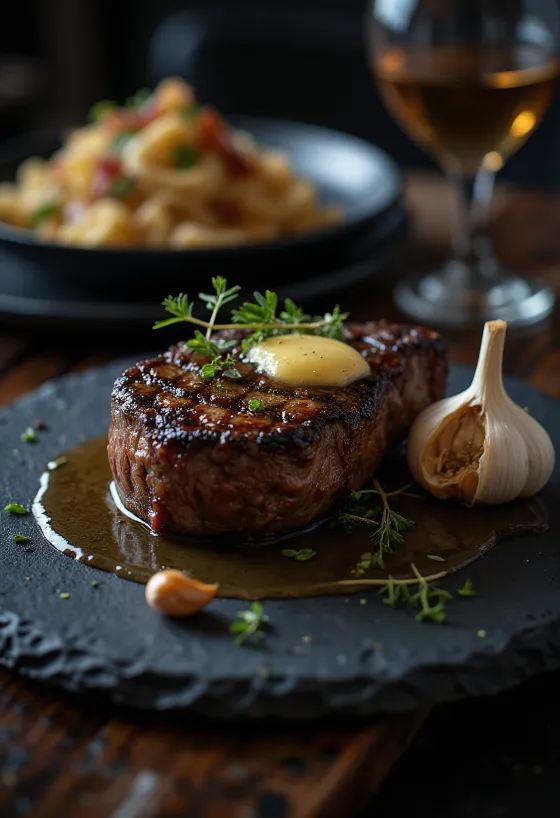 Rib eye steak ψημένο χρυσοκάστανο, σερβιρισμένο με φρέσκα μυρωδικά και βούτυρο