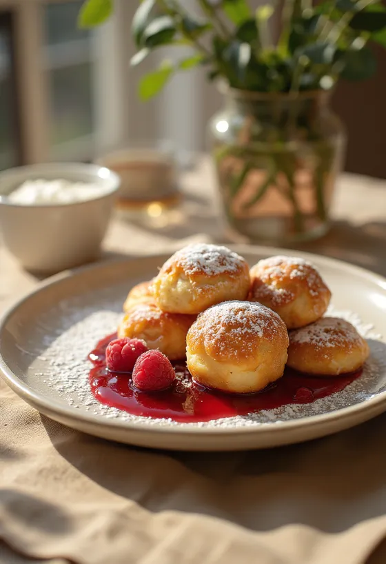 Æbleskiver σερβιρισμένο με μαρμελάδα βατόμουρο και ζάχαρη άχνη