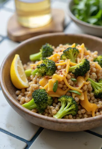 Farro με ψητό μπρόκολο και τσένταρ, διακοσμημένο με φρέσκα μυρωδικά