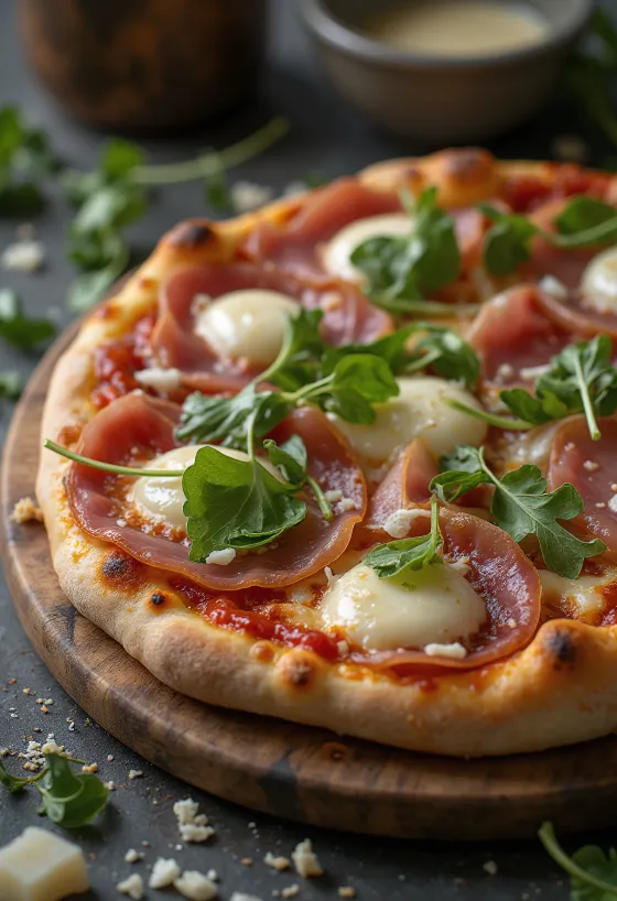 Pizza al Prosciutto Crudo σερβιρισμένη με προσούτο Πάρμας και ρόκα