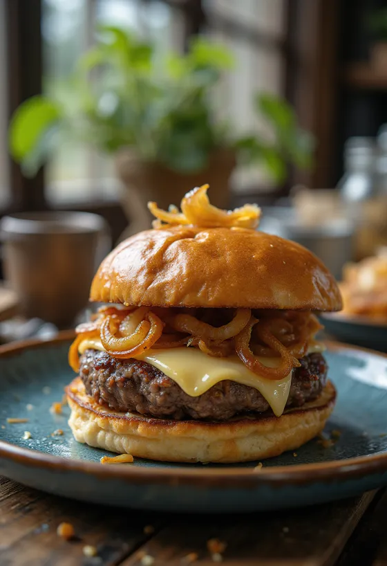 Χάμπουργκερ με τυρί Προβολόνε με ζουμερό μπιφτέκι και λιωμένο προβολόνε