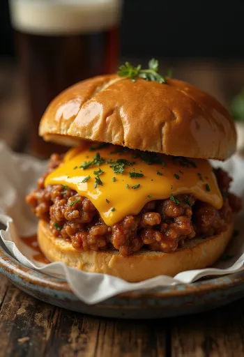 Sloppy Joe με καπνιστό τυρί, πλούσια γέμιση κιμά