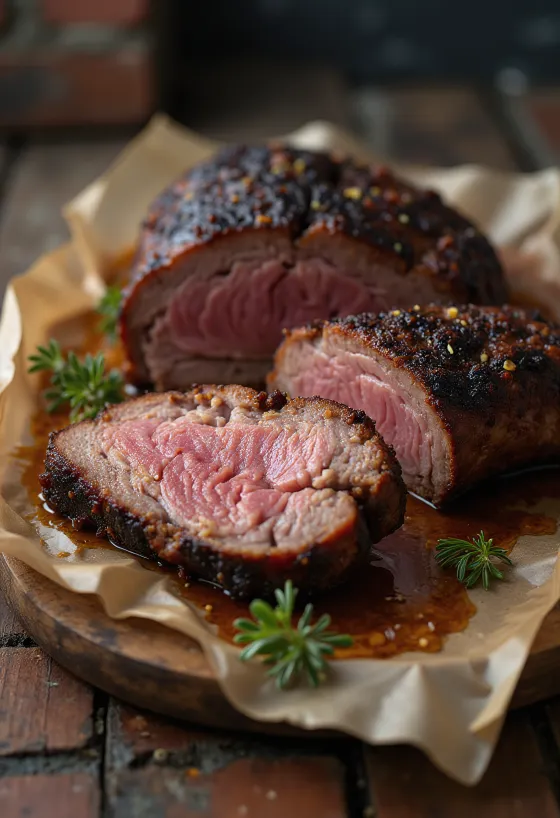 Καπνιστό brisket σερβιρισμένο σε λεπτές φέτες με σάλτσα μπάρμπεκιου και συνοδευτικά