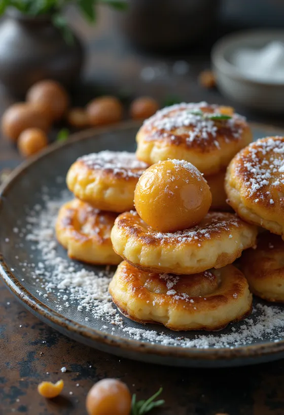 Æbleskiver τηγανίτα, πασπαλισμένη με ζάχαρη άχνη