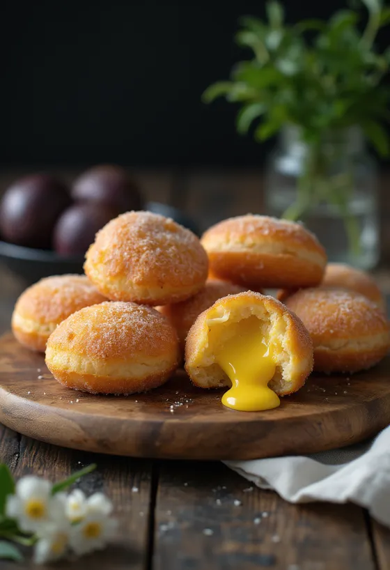 Malasada με κρέμα lilikoi (φρούτο του πάθους), χρυσοκάστανη τηγανητή ζύμη και κρέμα φρούτου του πάθους