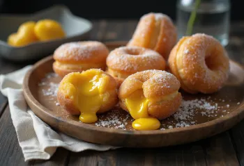 Malasada με κρέμα lilikoi (φρούτο του πάθους), χρυσοκάστανη τηγανητή ζύμη και κρέμα φρούτου του πάθους