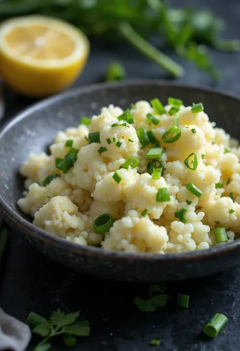 Πρεβιοτικό ρύζι κουνουπιδιού με πράσο σερβιρισμένο με μυρωδικά σε μπολ