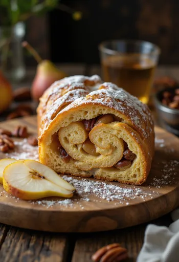 Στόλεν με αχλάδι και πεκάν σε φέτες, πασπαλισμένο με άχνη ζάχαρη