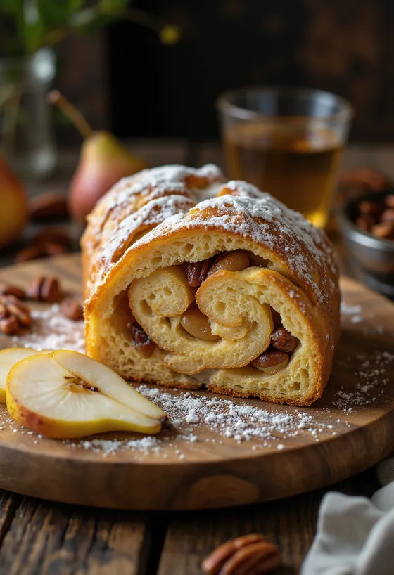 Στόλεν με αχλάδι και πεκάν σε φέτες, πασπαλισμένο με άχνη ζάχαρη