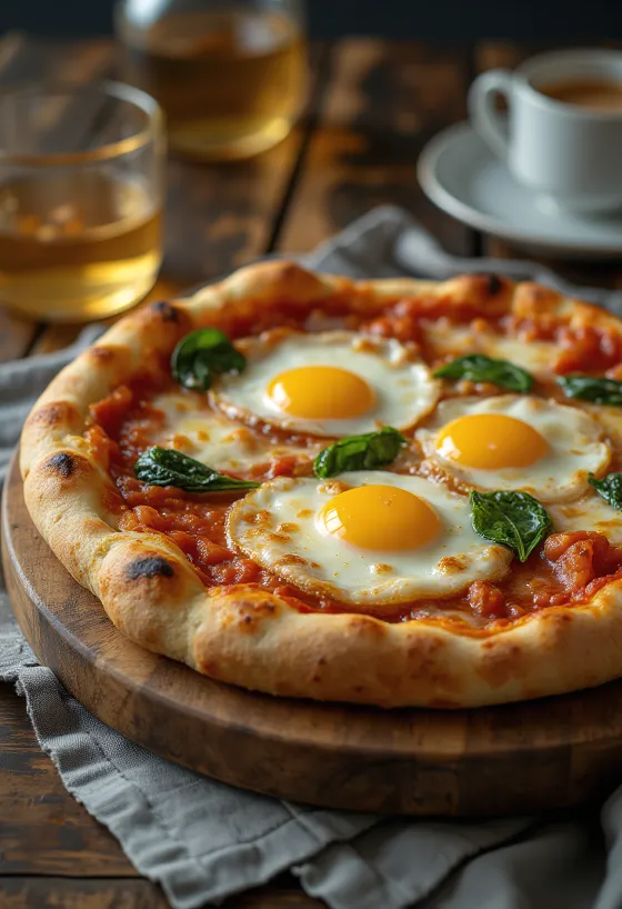 Pizza alla Bismark σερβιρισμένη με φρέσκο αυγό και σπανάκι