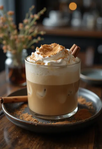 Φραπέ με κανέλα και δυόσμο, διακοσμημένο με σαντιγί, ξυλάκι κανέλας και φύλλα δυόσμου