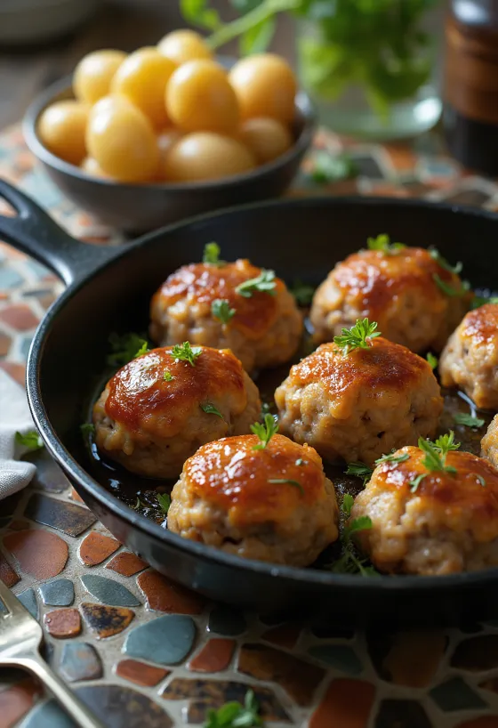 Frikadeller με χοιρινό, τηγανισμένα τραγανά και σερβιρισμένα με πουρέ πατάτας