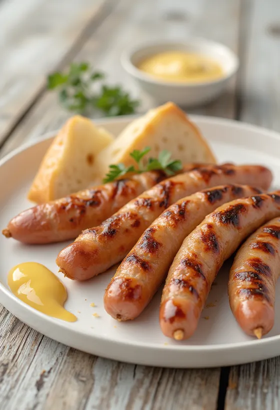 Τηγανητά λουκάνικα ψημένα χρυσοκάστανα με τραγανή πέτσα, σερβιρισμένα με μουστάρδα και φρέσκο ψωμί.