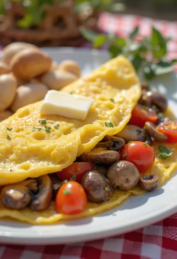 Ομελέτα με μανιτάρια και ντομάτα, διακόσμηση με φρέσκο μαϊντανό