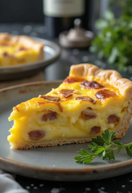 Κλασική Quiche Lorraine, σε τραγανή εύθρυπτη ζύμη με κρεμώδη γέμιση, κομμάτια μπέικον και τυρί.