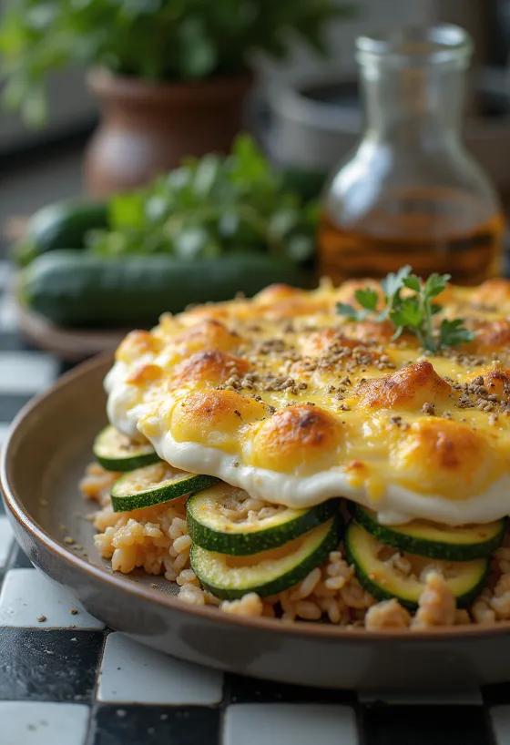 Ογκρατέν κολοκυθιού με κιμά, ρύζι και κρούστα γιαουρτιού σε πυρίμαχο σκεύος.