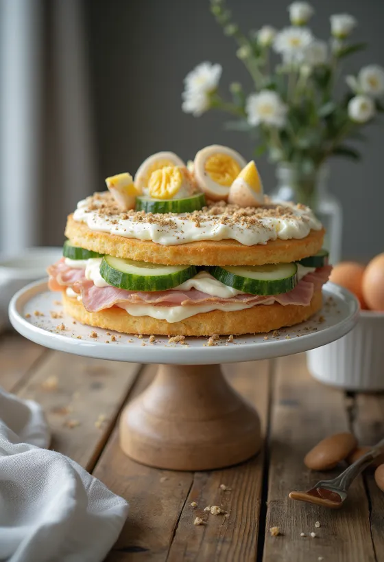 Smörgåstårta με ζαμπόν και κοτόπουλο σερβιρισμένη