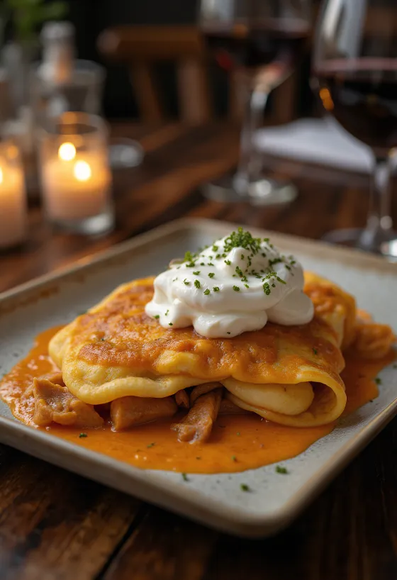 Κρέπες Hortobágyi με κρέας, σερβιρισμένες με γιαούρτι και φρέσκο μαϊντανό.