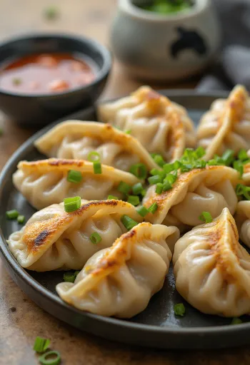 Pork Gyoza σερβιρισμένα ψητά με ντιπ σάλτσας σόγιας