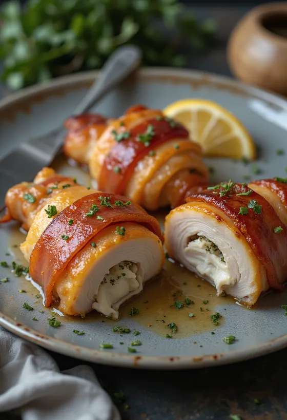 Στήθος κοτόπουλο τυλιγμένο σε μπέικον σερβιρισμένο με λαχανικά στον ατμό