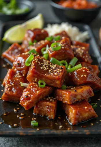 Gochujang galbi, κορεάτικο μοσχάρι με φρέσκο κρεμμυδάκι και σουσάμι