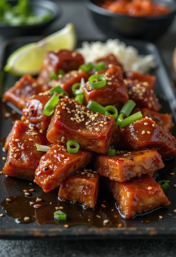 Gochujang galbi, κορεάτικο μοσχάρι με φρέσκο κρεμμυδάκι και σουσάμι