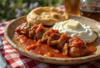 Ισκεντέρ κεμπάπ με πικάντικη σάλτσα ντομάτας, σάλτσα γιαουρτιού με σκόρδο και φρυγανισμένη πίτα