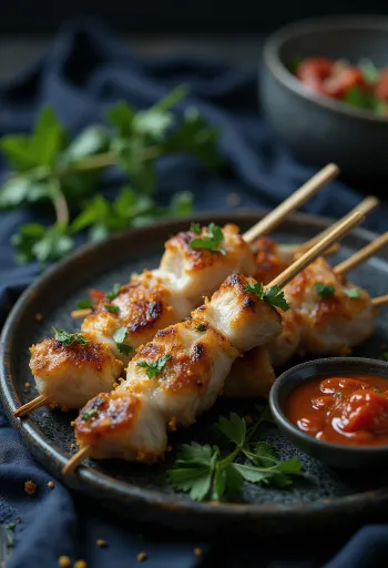 Sate kambing ψητό, σερβιρισμένο σε καλαμάκι με μαρινάδα γάλακτος καρύδας