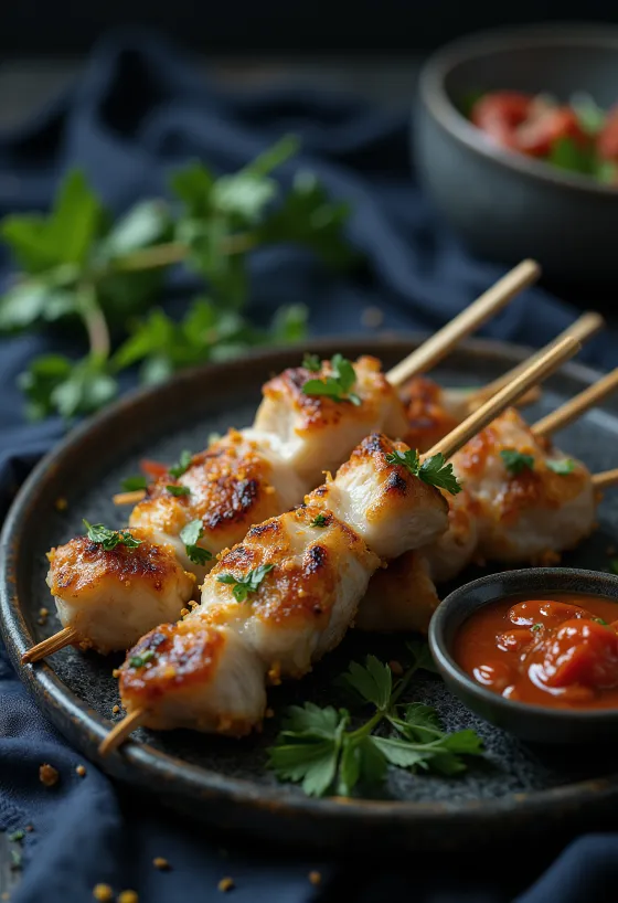 Sate kambing ψητό, σερβιρισμένο σε καλαμάκι με μαρινάδα γάλακτος καρύδας