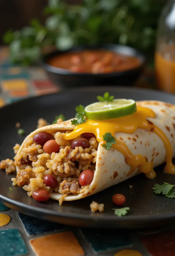 Burrito χοιρινού σε φύλλο τορτίγιας, γεμιστό με ρύζι, φασόλια, τυρί