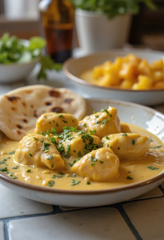 Κλασικό Korma σερβιρισμένο σε πλούσια, κρεμώδη σάλτσα, γαρνιρισμένο με φρέσκο κόλιανδρο.