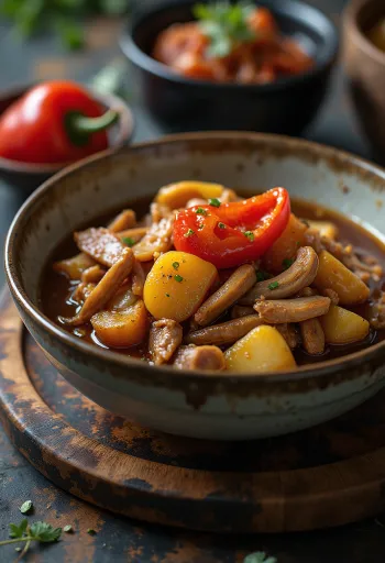 Nikujaga με πάπρικα, χοιρινό και λαχανικά, σε πλούσια σάλτσα σόγιας.