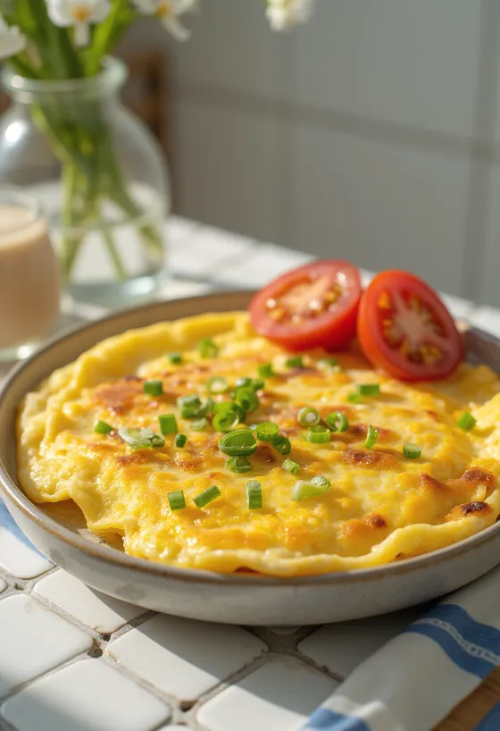 Ομελέτα τόφου, ψημένη χρυσοκαφέ, σερβιρισμένη με φρέσκο κρεμμυδάκι.