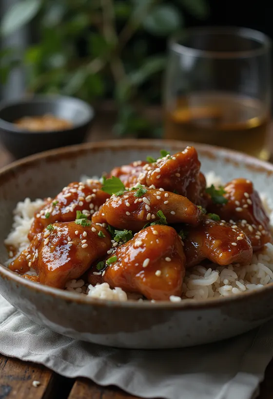Κοτόπουλο με μέλι ψημένο χρυσοκάστανο, πασπαλισμένο με σουσάμι και φρέσκα μυρωδικά