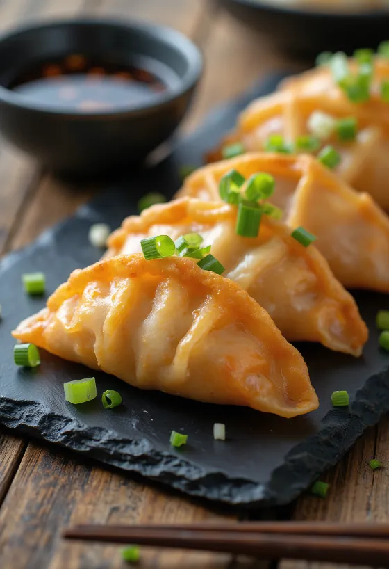 Salmon Gyoza σερβιρισμένα με γέμιση σολομού και ντιπ σάλτσας σόγιας