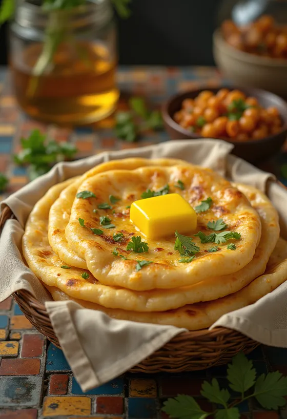 Bhature με βούτυρο, ένα μπολ με φρέσκια, τραγανή πίτα αλειμμένη με βούτυρο