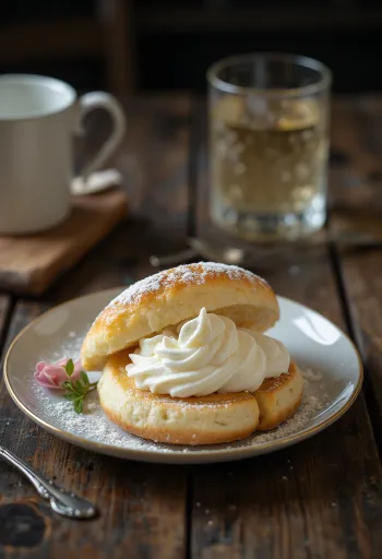 Semlor γεμιστά με κρέμα βανίλιας, με καπάκι ζύμης σαν καπέλο, σερβιρισμένα