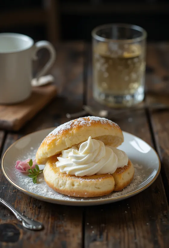 Semlor γεμιστά με κρέμα βανίλιας, με καπάκι ζύμης σαν καπέλο, σερβιρισμένα
