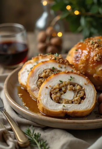 Ζουμερές φέτες στήθους γαλοπούλας γεμιστές με κάστανο, σερβιρισμένες με λαχανικά.