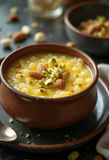 Kheer με κάρδαμο, σερβιρισμένο με φρέσκο αμύγδαλο και ροδόνερο