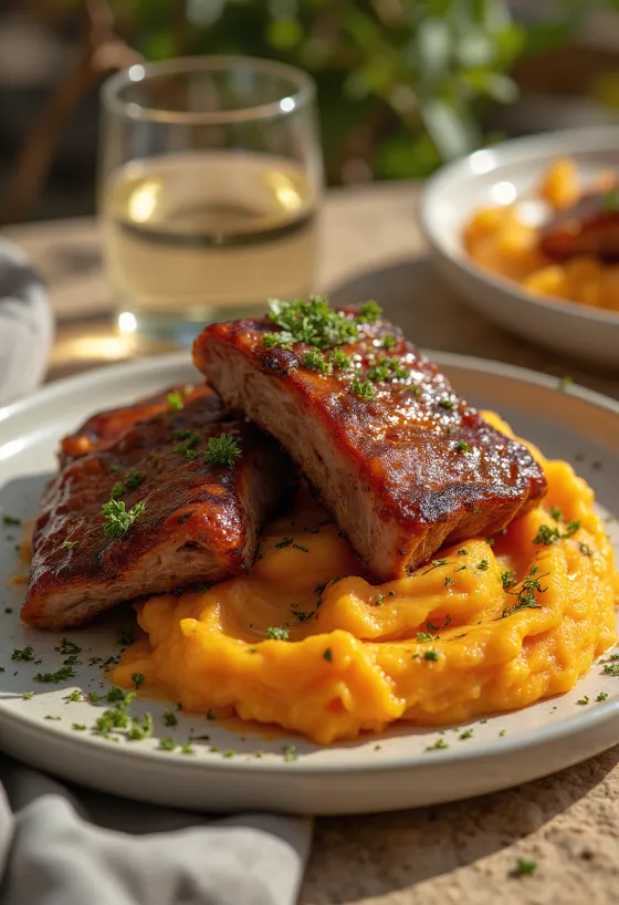 Παϊδάκια BBQ με γλυκοπατάτες σερβιρισμένα