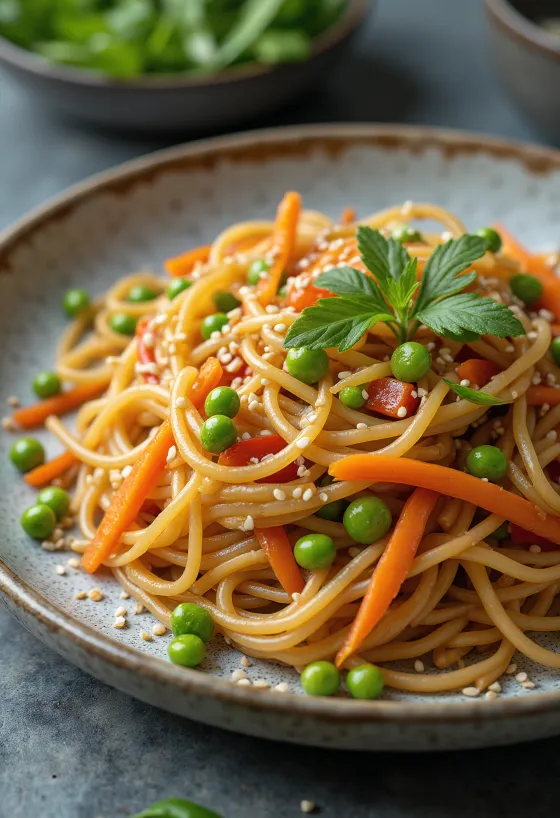 Japchae με λαχανικά σερβιρισμένο με noodles γλυκοπατάτας και λαχανικά