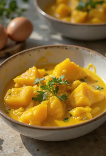 Κάρυ μελιτζάνας με γλυκοπατάτα σερβιρισμένο