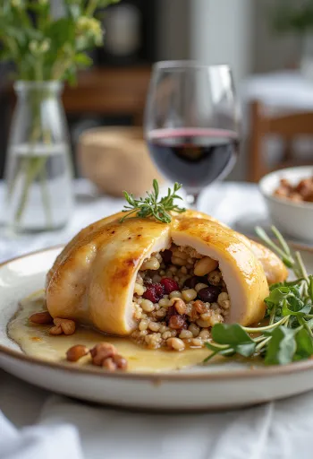 Γεμιστό ορτύκι με άγριο ρύζι σερβιρισμένο σε πιάτο