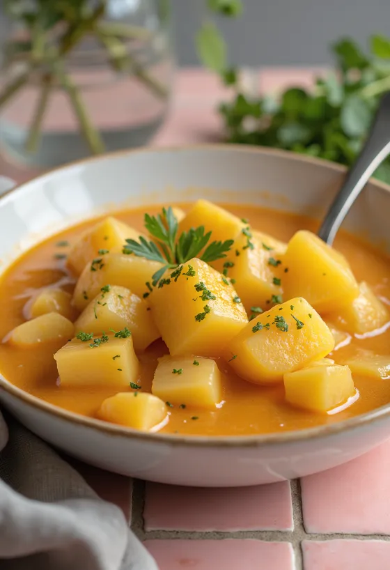 Κλασικό πατάτες γιαχνί με δέσιμο γιαουρτιού και διακοσμημένο με φρέσκο μαϊντανό.