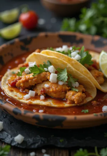 Tacos de Pollo con Salsa de Guajillo σερβιρισμένο